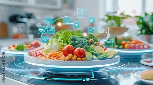 Holographic food inspection, digital standards, futuristic food safety, advanced technology photo