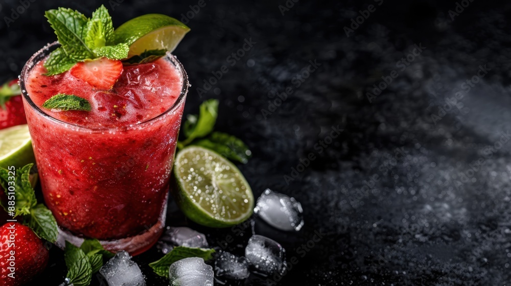 A refreshing single glass of strawberry drink surrounded by fresh strawberries, halved lime and ice cubes with mint leaves, set on a dark, textured surface. A refreshing single glass of strawberry drink surrounded by fresh strawberries, halved lime and ice cubes with mint leaves, set on a dark, textured surface.