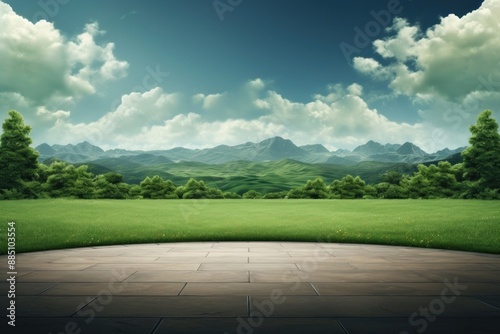 Fototapeta Naklejka Na Ścianę i Meble -  Empty green field stage landscape outdoors nature.