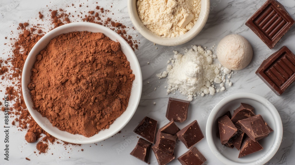 Various chocolate making ingredients, including chunks, powders, and flour, laid out on a marble countertop, signifying preparation for baking and dessert creation. Various chocolate making ingredients, including chunks, powders, and flour, laid out on a marble countertop, signifying preparation for baking and dessert creation.