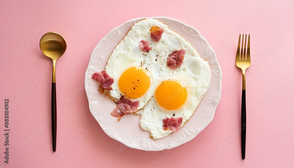 Delicious fried eggs on a vibrant pink background top view flat lay concept Delicious fried eggs on a vibrant pink background top view flat lay concept