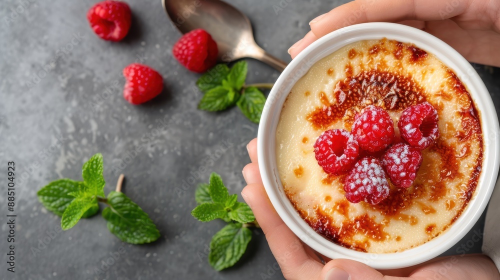 A tempting crème brûlée topped with fresh raspberries and mint leaves, presented in a white dish, held by two hands over a dark, textured background with scattered raspberries. A tempting crème brûlée topped with fresh raspberries and mint leaves, presented in a white dish, held by two hands over a dark, textured background with scattered raspberries.