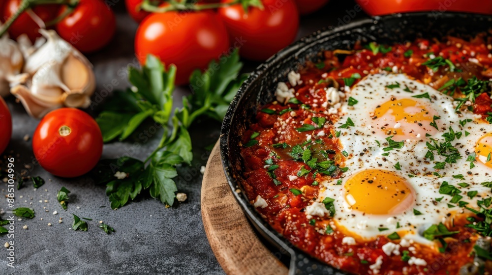 Image of a traditional shakshuka dish with poached eggs in a spiced tomato sauce, garnished with fresh parsley, surrounded by tomatoes and garlic on a dark background. Image of a traditional shakshuka dish with poached eggs in a spiced tomato sauce, garnished with fresh parsley, surrounded by tomatoes and garlic on a dark background.
