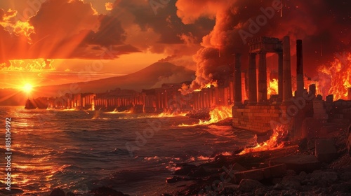 Pompeii s demise  ancient roman city engulfed by volcanic eruption at sunset in realistic ocean view photo
