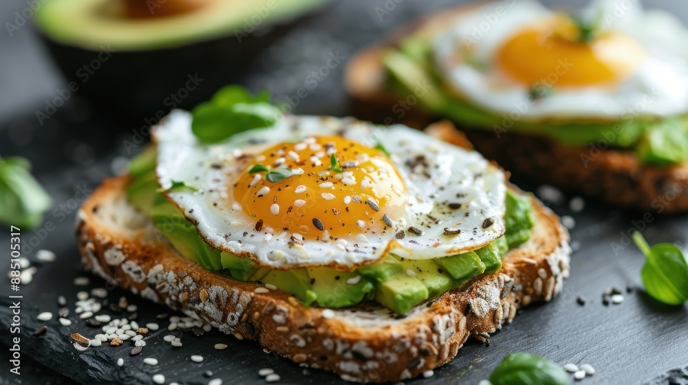 Slices of whole grain toast topped with creamy mashed avocado and fried eggs, sprinkled with sesame seeds and garnished with fresh herbs, creating a visually pleasing healthy snack. Slices of whole grain toast topped with creamy mashed avocado and fried eggs, sprinkled with sesame seeds and garnished with fresh herbs, creating a visually pleasing healthy snack.