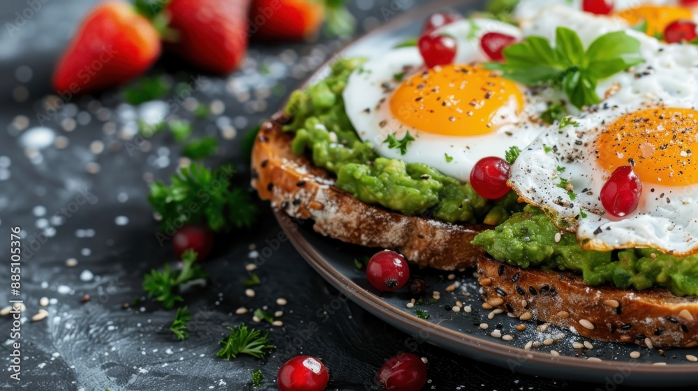 Plates of multigrain toast spread with mashed avocado and sunny-side-up eggs, garnished with vibrant red berries and fresh greenery, ideal for a healthy and colorful brunch. Plates of multigrain toast spread with mashed avocado and sunny-side-up eggs, garnished with vibrant red berries and fresh greenery, ideal for a healthy and colorful brunch.