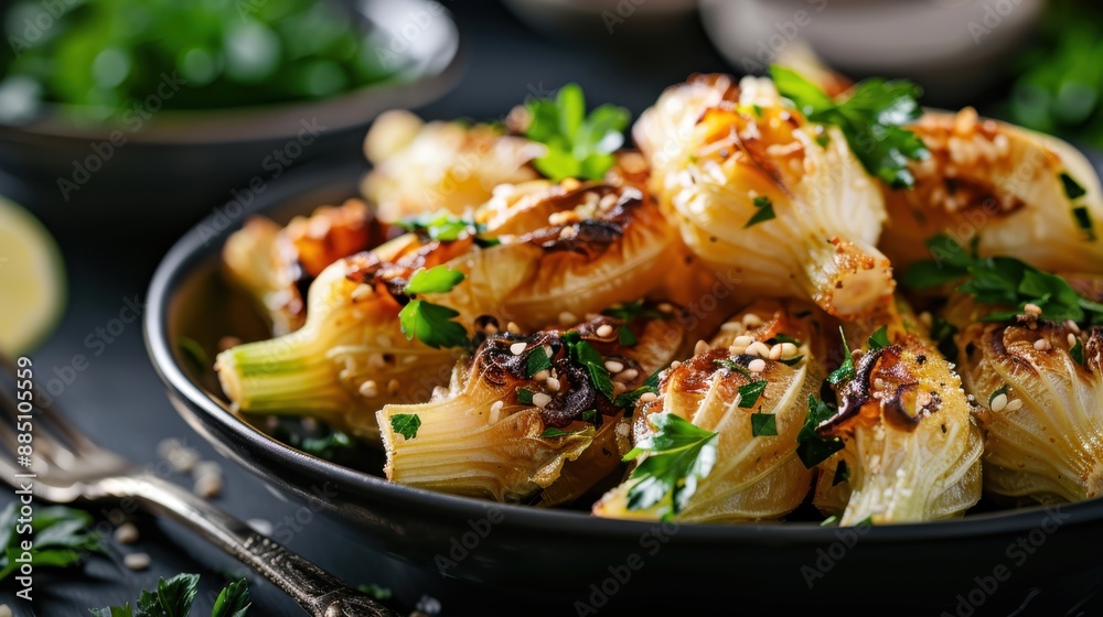 Mini grilled cabbage rolls with a crisp texture, topped with sesame seeds and fresh parsley, creating a delightful combination of flavors and textures. Mini grilled cabbage rolls with a crisp texture, topped with sesame seeds and fresh parsley, creating a delightful combination of flavors and textures.