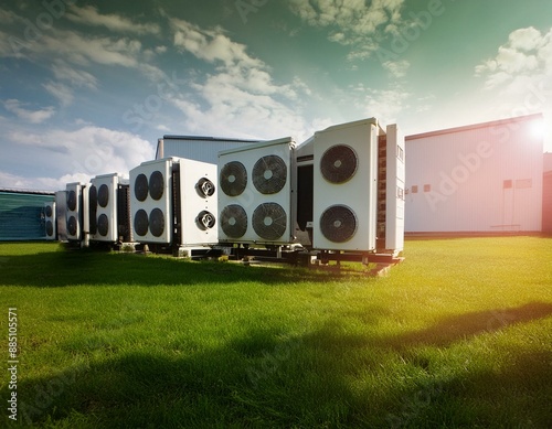 Industrial building with air conditioning units and green grass in front, urban business complex and nature landscape concept  photo