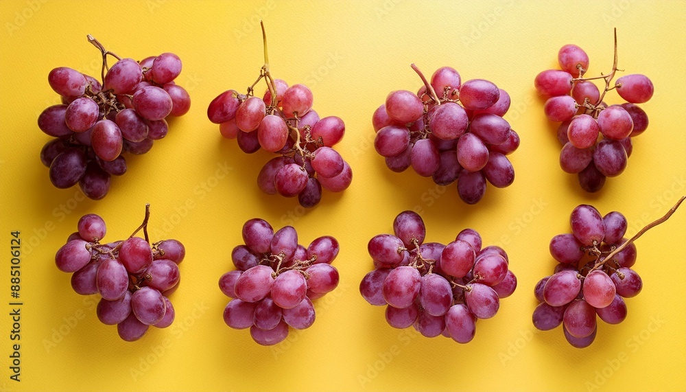 Ripe purple grapes on a bright yellow background, arranged neatly in a flat lay top view Ripe purple grapes on a bright yellow background, arranged neatly in a flat lay top view