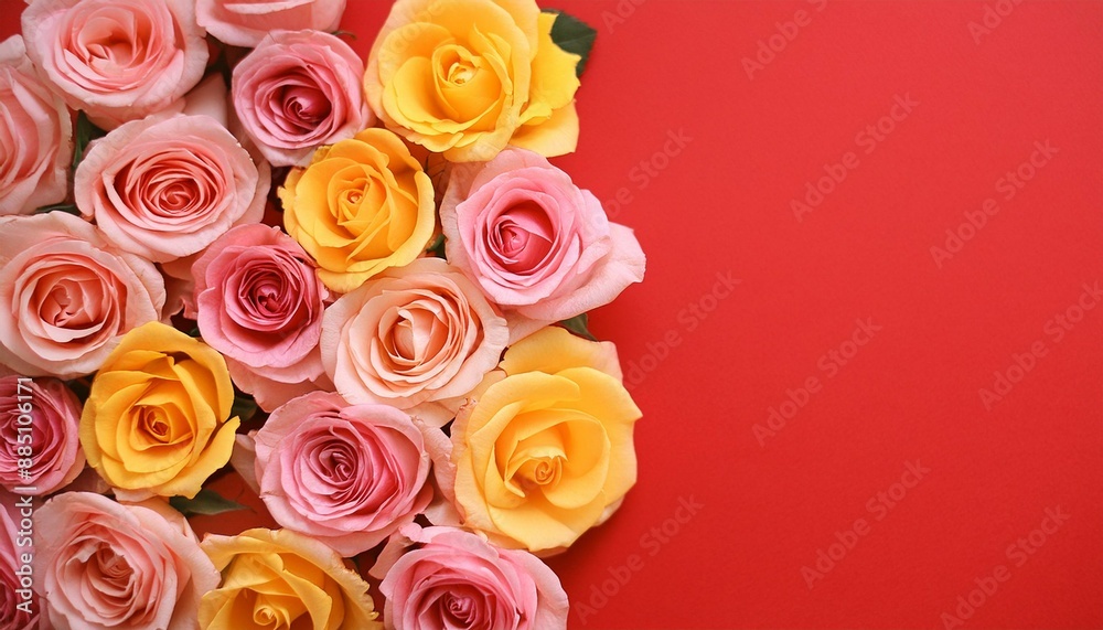 Roses in pink and yellow with a red background and space for writing. with copy space image. Place for adding text or design 