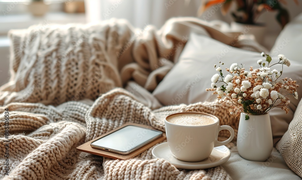modern minimal home office desk,beige blanket cup of coffee dry flowers,smartphone,blank screen mockup hygge or boho style women s workspace top view flat lay modern minimal home office desk,beige blanket cup of coffee dry flowers,smartphone,blank screen mockup hygge or boho style women s workspace top view flat lay