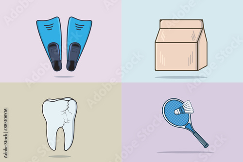Collection of Teeth and Diving Flippers with Delivery paper bag vector design.
