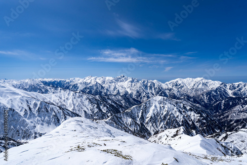 厳冬期の唐松岳山頂からの北アルプス