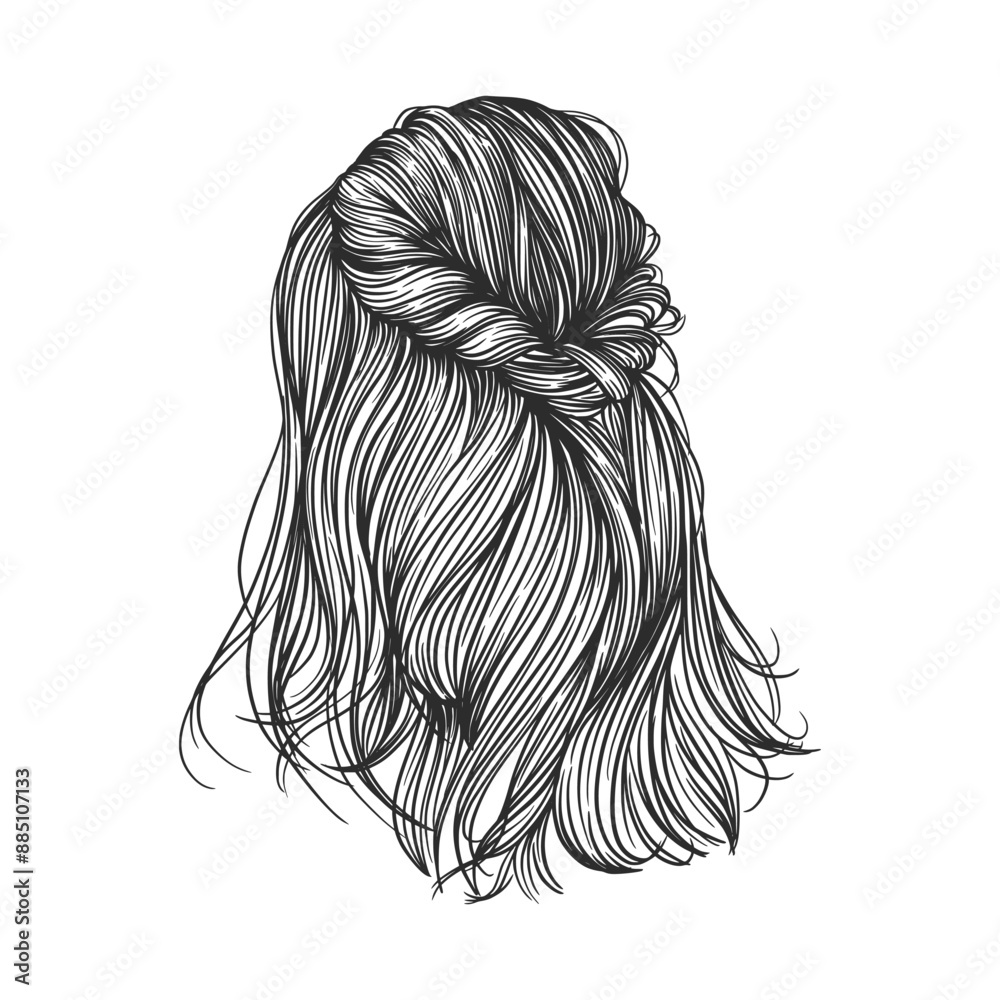Vector hand drawn illustration of a woman's hairstyle. Isolated on white background. Black and white sketch of a female hairstyle. Vector hand drawn illustration of a woman's hairstyle. Isolated on white background. Black and white sketch of a female hairstyle.