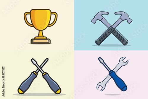 Collection of Adjustable wrench and Pipe Wrench tool vector illustration. Mechanic and Plumber working tool equipment icon concept. Set of Handyman tools in cross-sign vector design.