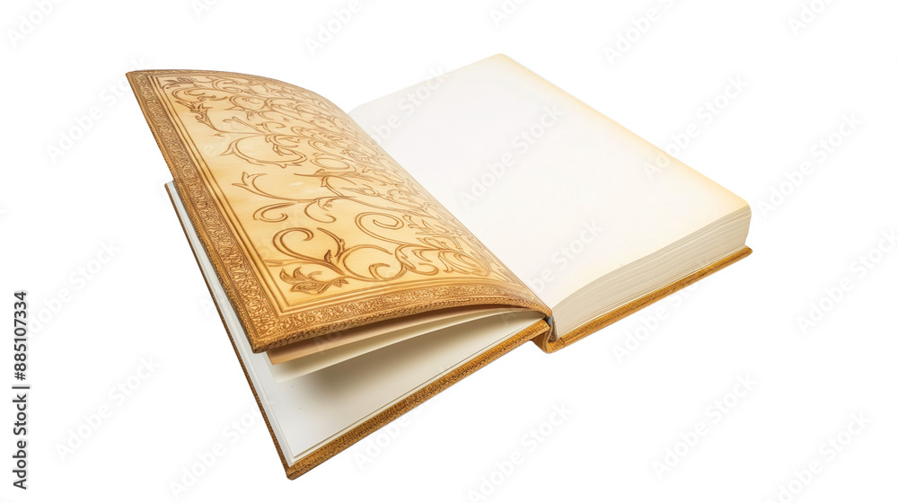 Fototapeta premium Open antique book with an ornate cover and blank pages, isolated on a transparent background. Perfect for vintage, literature, fantasy and historical themes