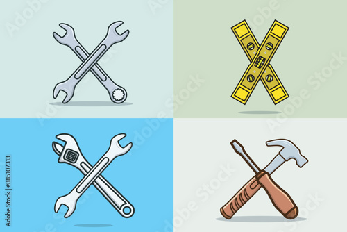 Collection of Adjustable wrench and Pipe Wrench tool vector illustration. Mechanic and Plumber working tool equipment icon concept. Set of Handyman tools in cross-sign vector design.