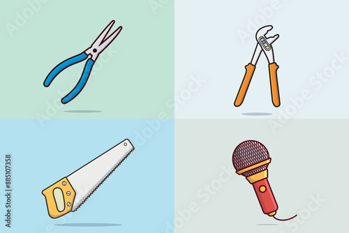Set of Mechanic Working tools vector illustration. Pliers, Coping Saw, Cutting Pliers and Adjustable Water Pump Pliers tool vector design. Interior repairing service, working tools icon design.