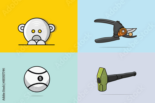 Collection of Robot, Ball with Carpenter Hammer with  Ax Vector, Hammer and Cable Cutter working elements collection vector illustration. Gardening and Construction working tools object icon concept. 