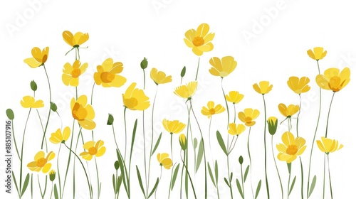 Field of Yellow Flowers on White Background