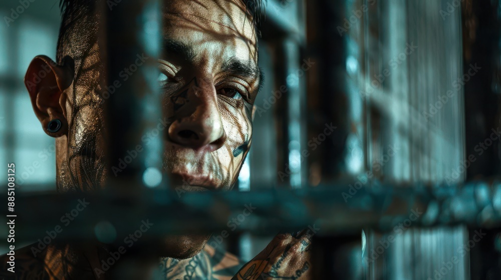 introspective latino inmate face adorned with intricate tattoos gazes ...