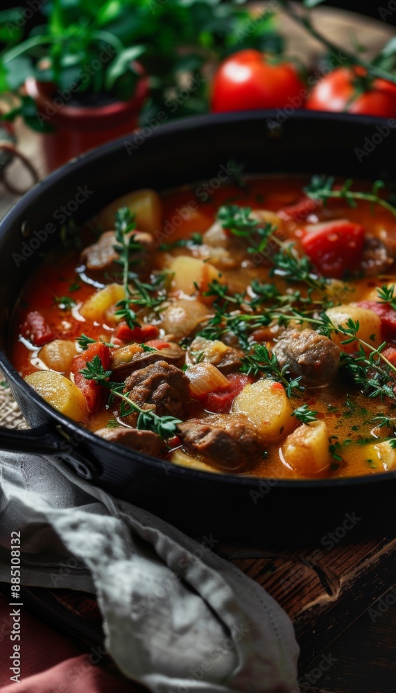 Realistic photo of stew being cooked in a deep pan, homemade dish preparation concept Realistic photo of stew being cooked in a deep pan, homemade dish preparation concept