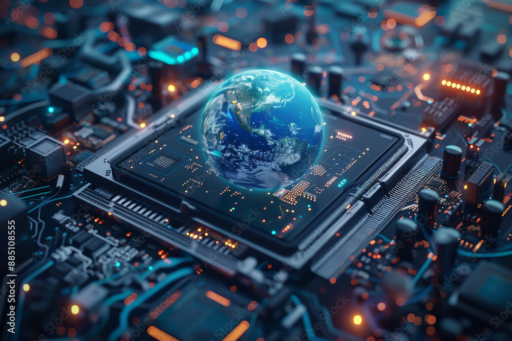 The harmony of the Earth and the computer motherboard and the expression of a futuristic and digital feel. Generative AI The harmony of the Earth and the computer motherboard and the expression of a futuristic and digital feel. Generative AI