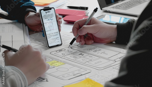 Mobile app developer brainstorming smartphone UI/UX design prototype