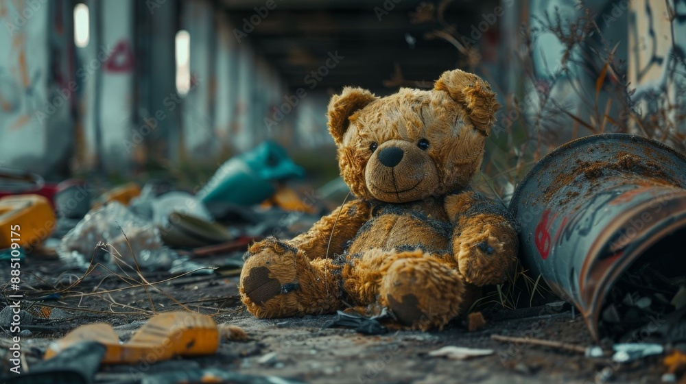 An abandoned teddy bear sits among debris in a dilapidated and overgrown building, evocatively illustrating neglect and loss. The urban decay and overgrowth hint at abandonment and forgotten memories.