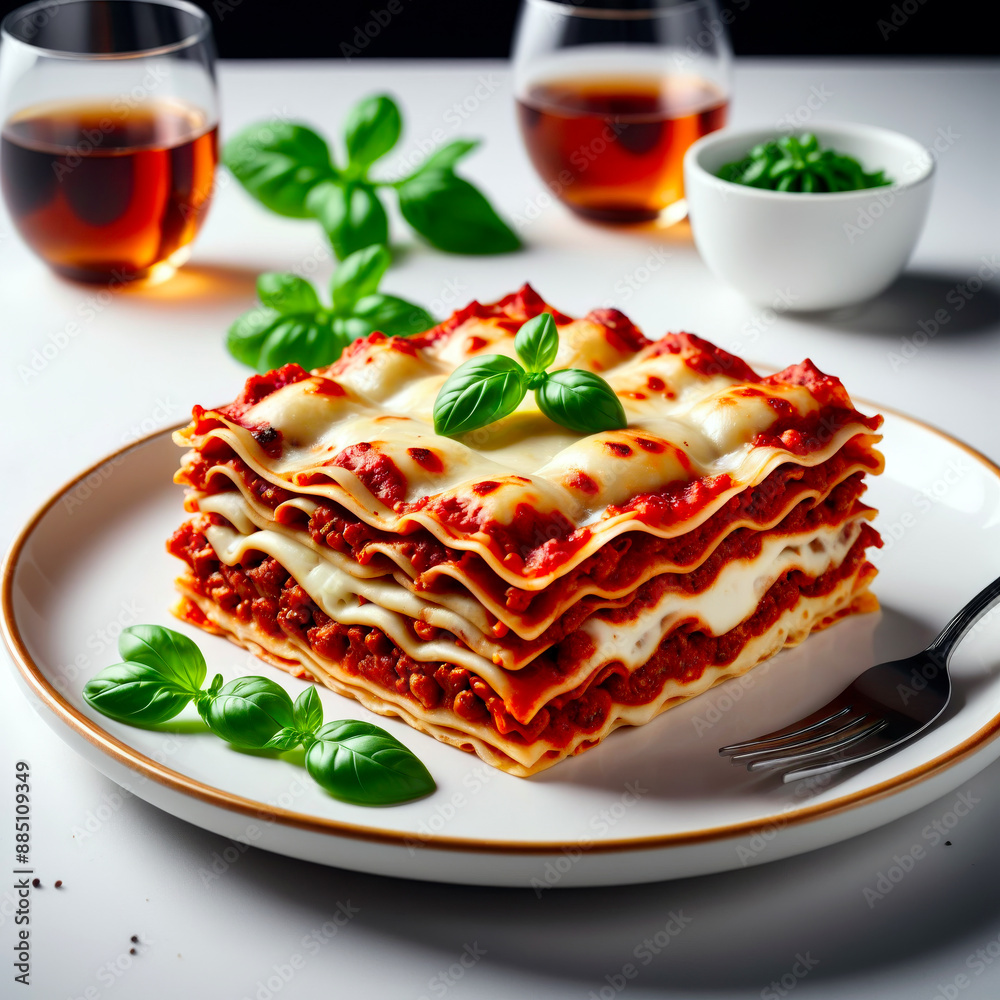 Ready-made lasagna on a plate on a white table Ready-made lasagna on a plate on a white table