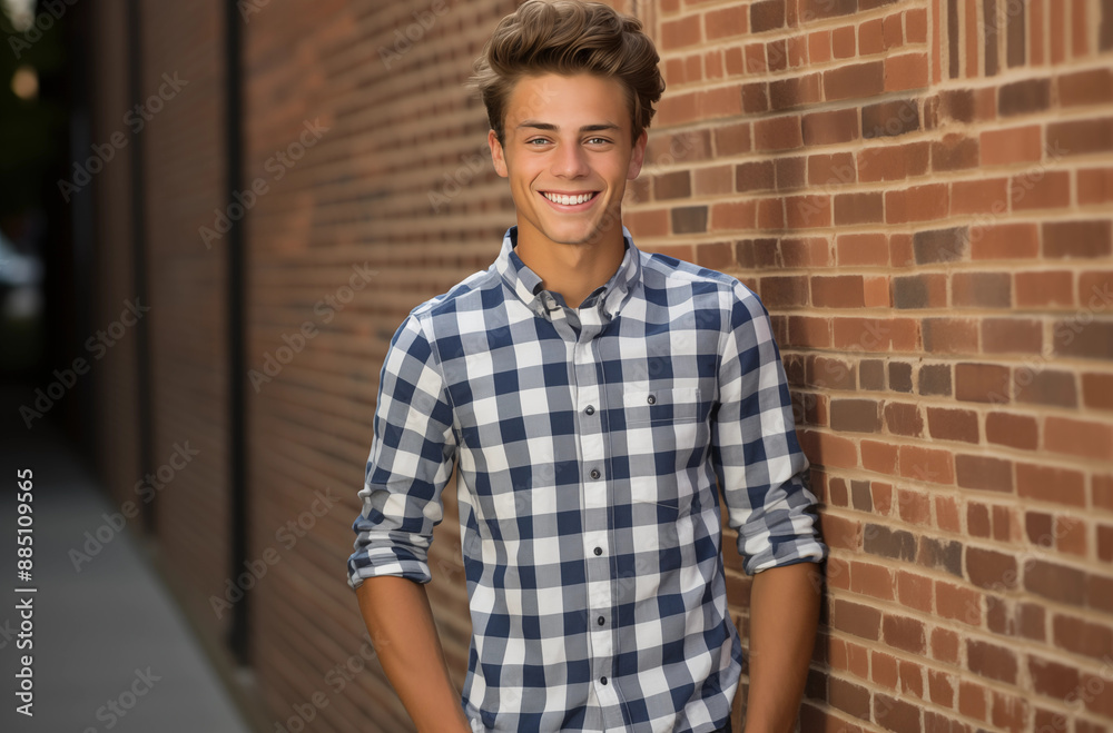 Young Man Standing and Smiling Against a Red Brick Wall While Wearing a Checkered Shirt on a Sunny Day Young Man Standing and Smiling Against a Red Brick Wall While Wearing a Checkered Shirt on a Sunny Day
