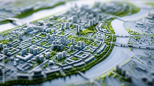 Master plan of urban design showing city layout, zoning, green spaces, roads, and buildings, representing modern urban architecture, planning, and sustainable development. AI generated illustration.