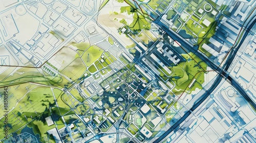 Master plan of urban design and city architecture concept showing streets, buildings, and layout in a modern planning visualization. AI generated illustration.