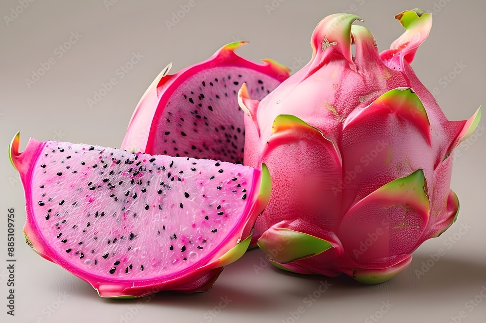 Realistic, clean photograph of a pitaya or dragon fruit on a white studio background. The fruit is cut in half. Studio photography
