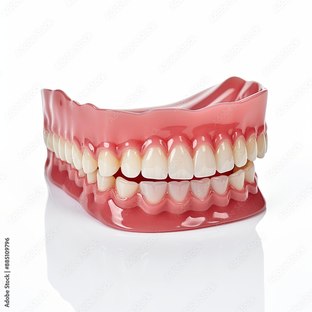 Obraz premium A full set of dentures on a white background. The dentures are made of acrylic and have a pink base with white teeth. The teeth are slightly stained and have some wear and tear.