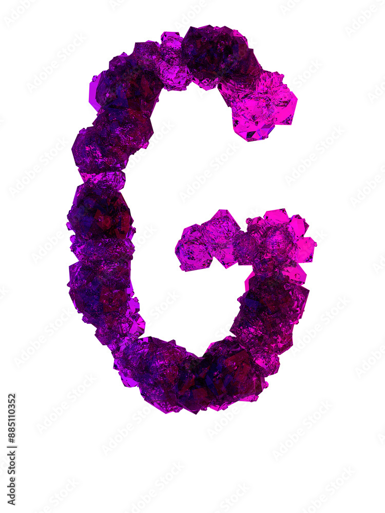 Letter G made of many growing crystals in red and blue light, 3d rendering
