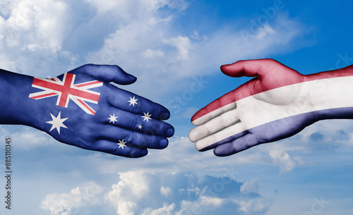 Netherlands and Australia country handshaking with flags, consensus concept international co-operation illustration