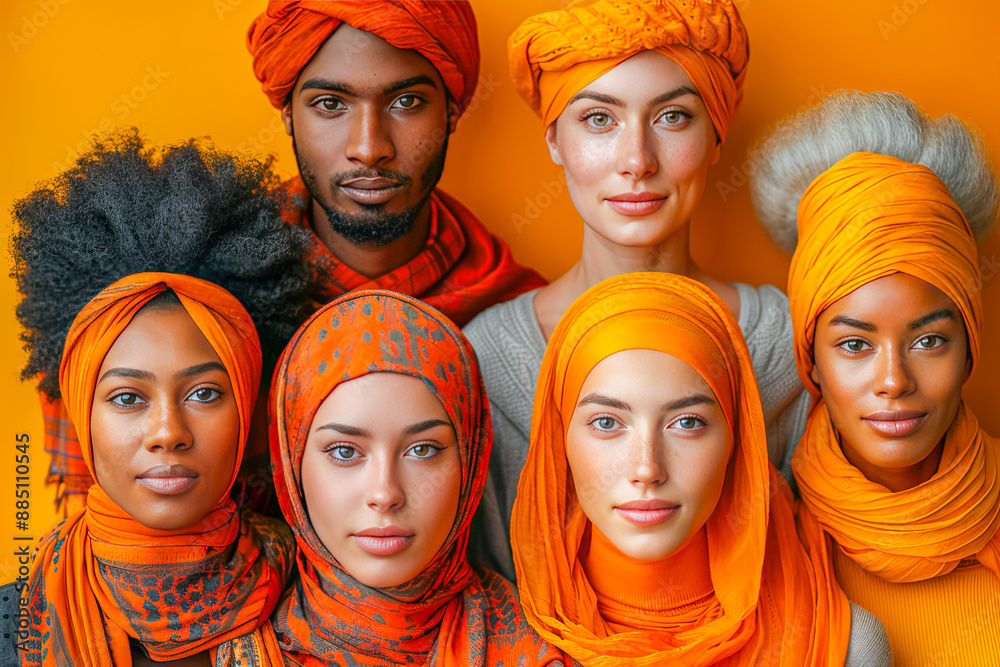 Diverse group of young adults posing, wearing orange turbans, on an orange background Diverse group of young adults posing, wearing orange turbans, on an orange background
