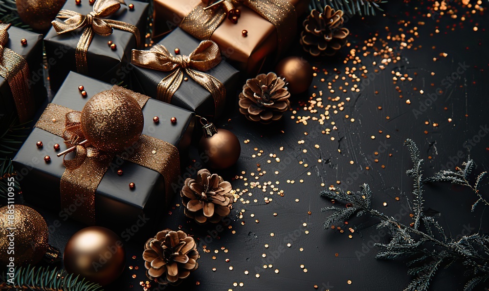 Fototapeta premium elegant christmas vertical composition,luxury gift box bronze balls,confetti on black background create a festive atmosphere modern for holiday cards posters,invitations