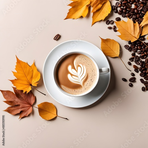 cup of coffee with autumn leaves and coffee beans