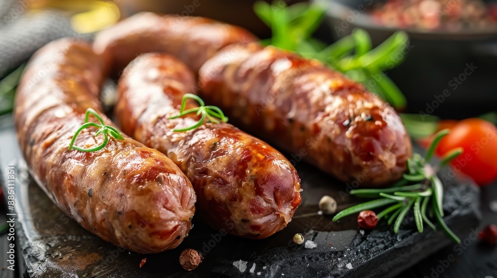 Cultivated pork sausages lab grown meat and fat tissues from animal cells in realistic image Cultivated pork sausages lab grown meat and fat tissues from animal cells in realistic image