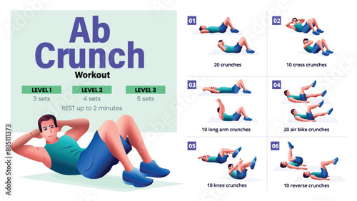 Ab Crunch Workout Complete Step-by-Step Guide for a Home Workout-Vector Design