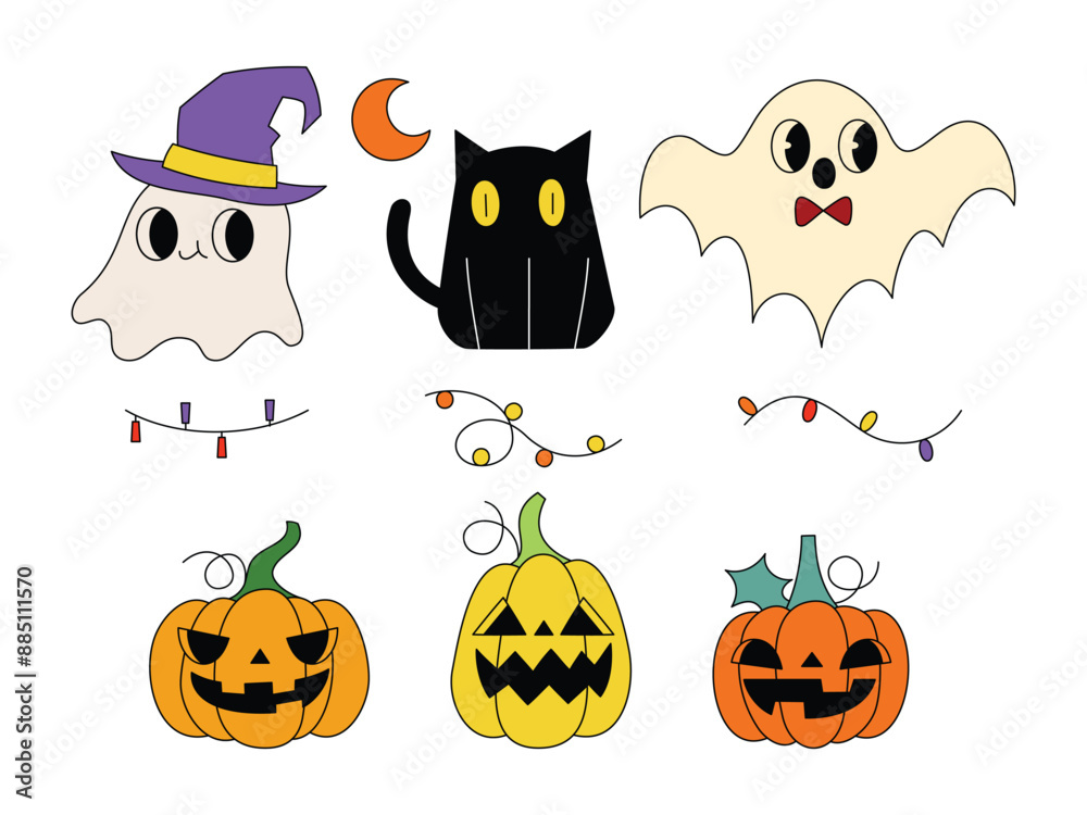 Retro Halloween Vector Illustration with Editable Stroke Groovy Ghost, Pumpkin and Decorative Lights Doodle Retro Halloween Vector Illustration with Editable Stroke Groovy Ghost, Pumpkin and Decorative Lights Doodle