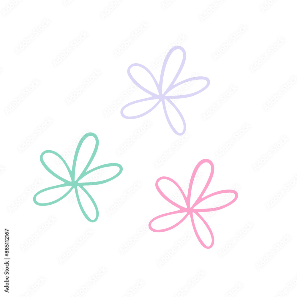 Three pastel-colored flower shapes on a white background Three pastel-colored flower shapes on a white background