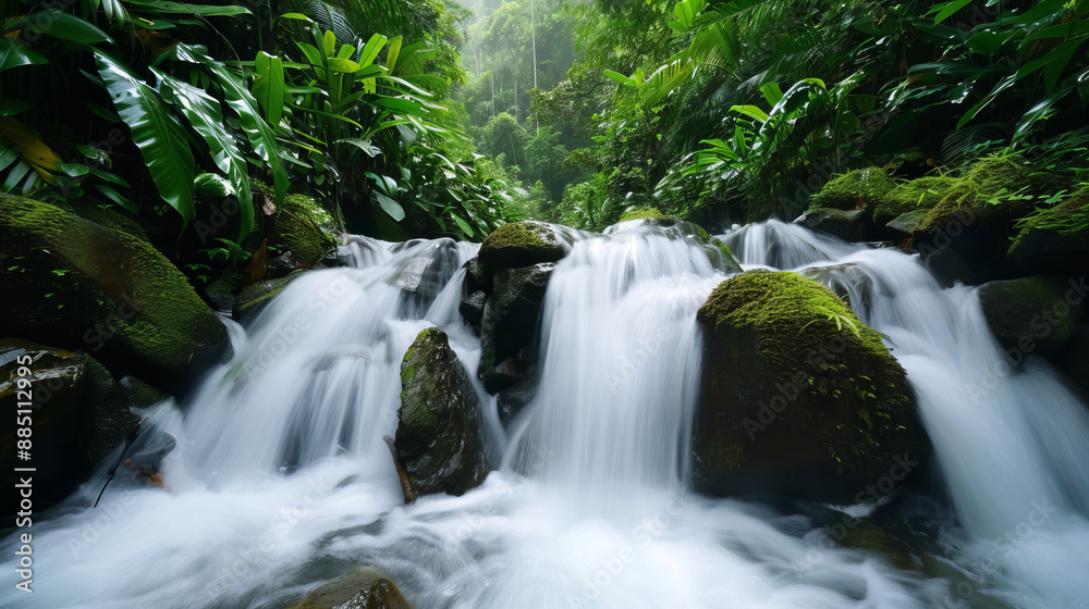 A serene waterfall flowing through a lush, green rainforest, surrounded by vibrant flora and moss-covered rocks. A serene waterfall flowing through a lush, green rainforest, surrounded by vibrant flora and moss-covered rocks.