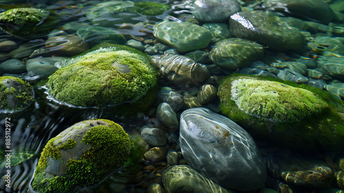 A tranquil underwater view showcasing moss-covered rocks and smooth stones in a clear stream, creating a serene and natural scenery.