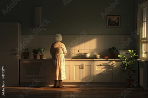 The heartwarming illustration portrays a senior in their cozy home, exuding a sense of comfort and belonging. photo