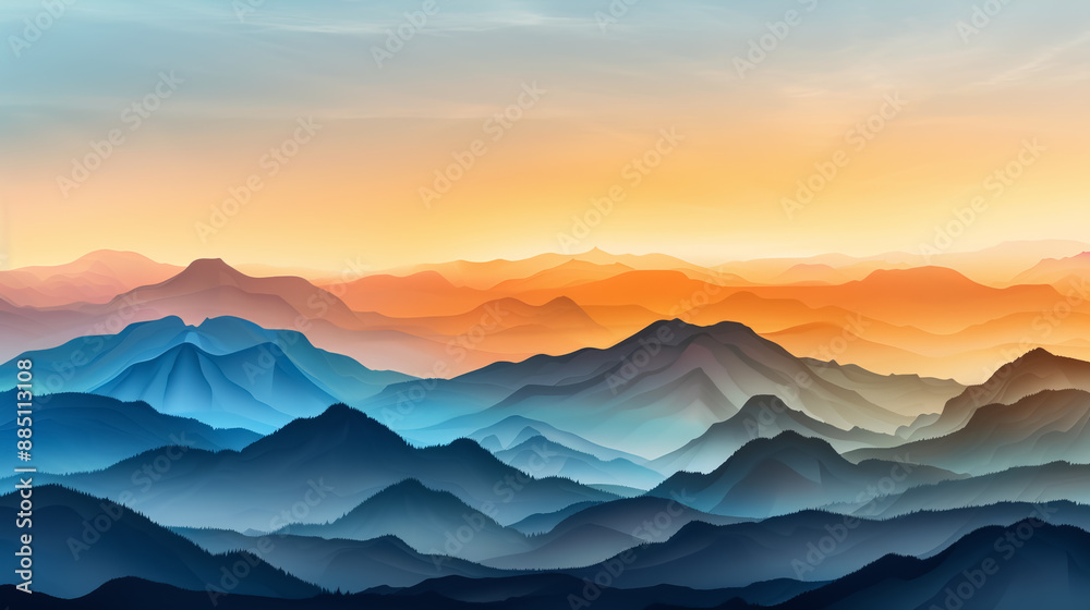 Colorful mountain landscape at sunrise, featuring multiple layers of misty ridges creating a stunningly serene and captivating scene. Colorful mountain landscape at sunrise, featuring multiple layers of misty ridges creating a stunningly serene and captivating scene.