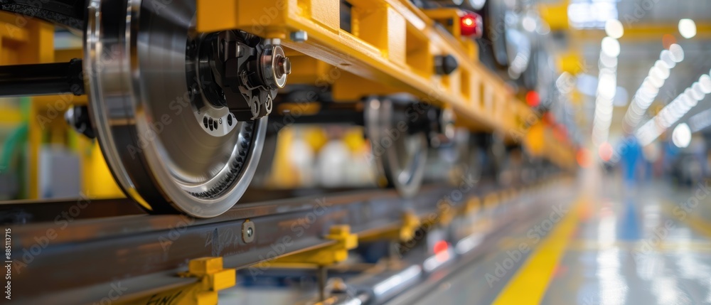 Fototapeta premium Precision Engineering: Automated Assembly Line Mounting Car Wheels on Vehicles