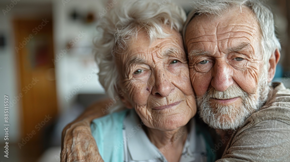 An elderly couple embraces each other warmly, showcasing a deep sense of love, companionship, and the profound bond they share, captured beautifully in a cozy home setting. An elderly couple embraces each other warmly, showcasing a deep sense of love, companionship, and the profound bond they share, captured beautifully in a cozy home setting.